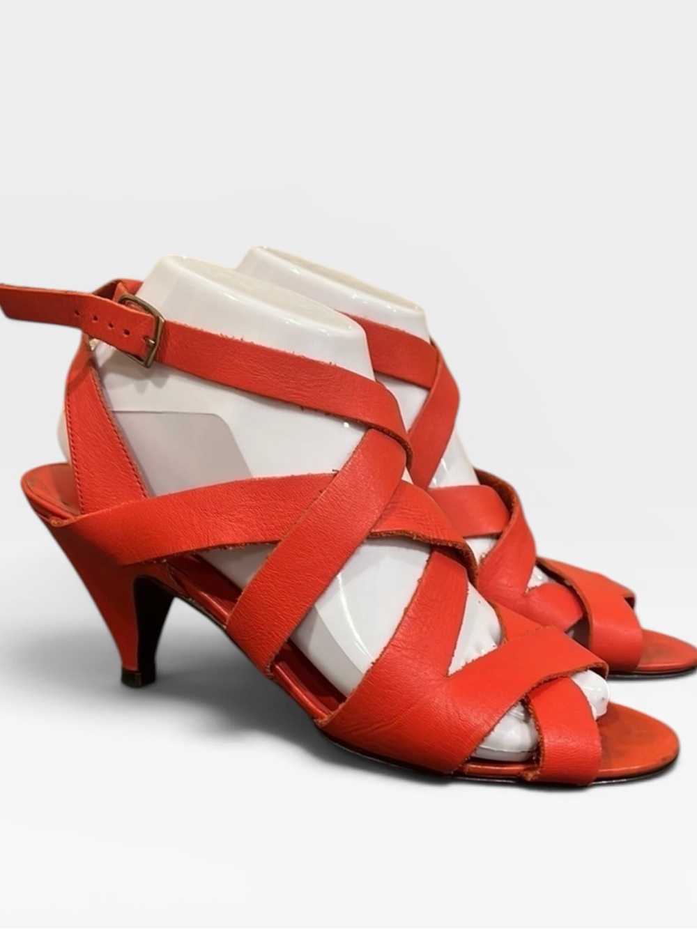 Vintage Red Leather Strappy Heels Kitten Heel Minimalist Y2K Sandals 8.5